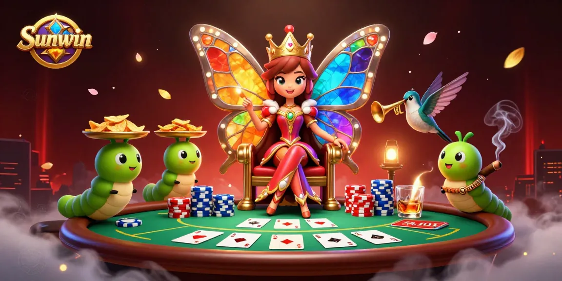 Sunwin showcases a vibrant casino scene with a butterfly queen, poker elements, and dynamic game visuals.
