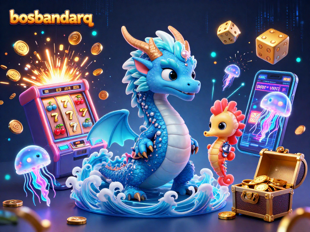 Engage in thrilling gameplay with Bosbandarq's dynamic casino scene featuring slot machines and vibrant characters.