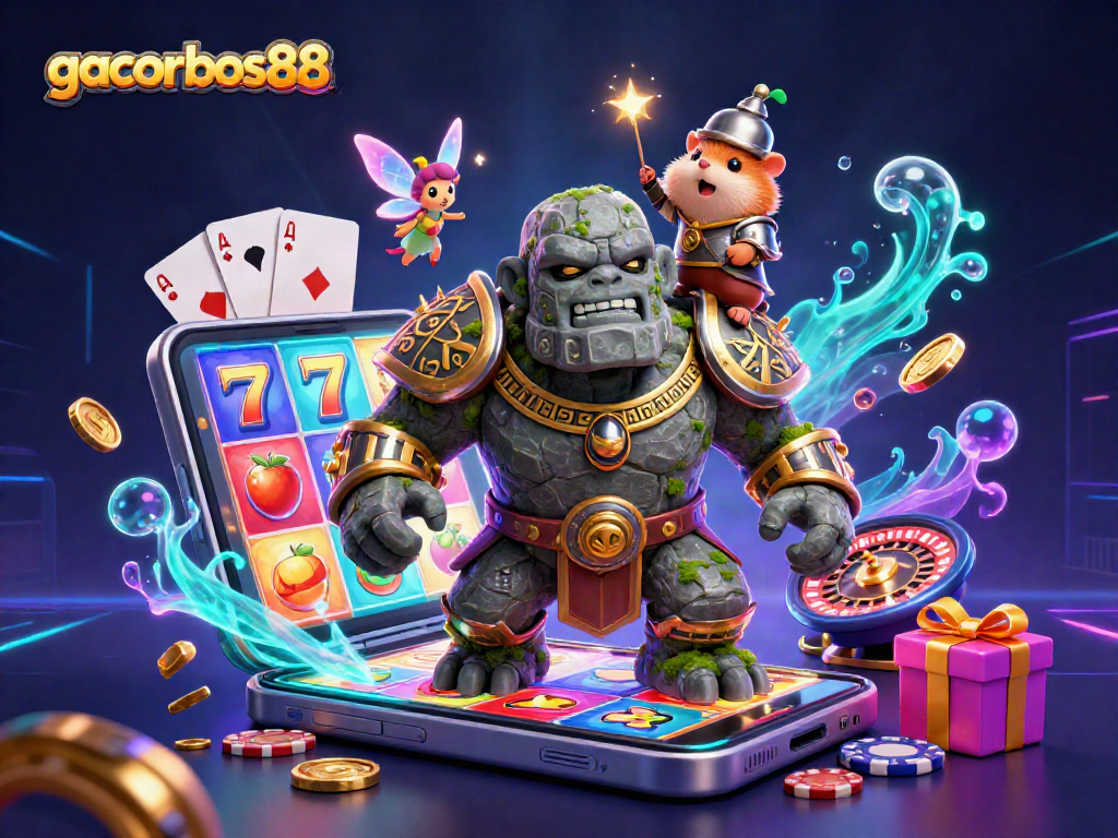 Experience the thrill of gacorbos88 with a magical golem and knight, surrounded by dynamic slot game visuals.