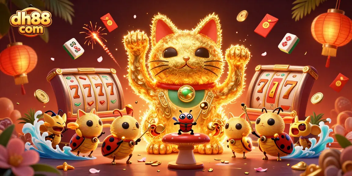 Experience the magic of dh88 com, where a lucky cat and beetle conductor celebrate with casino symbols and vibrant elements.