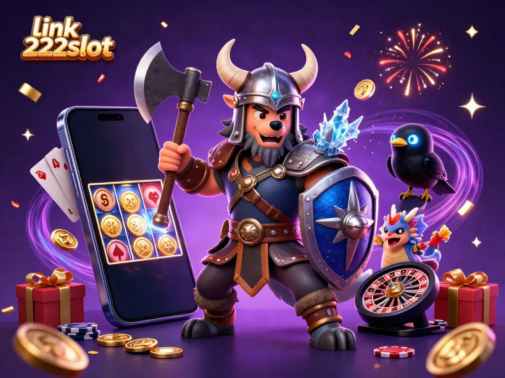 Memperlihatkan suasana kasino online dengan link 222slot, karakter Viking dan naga dalam ilustrasi 3D yang meriah.