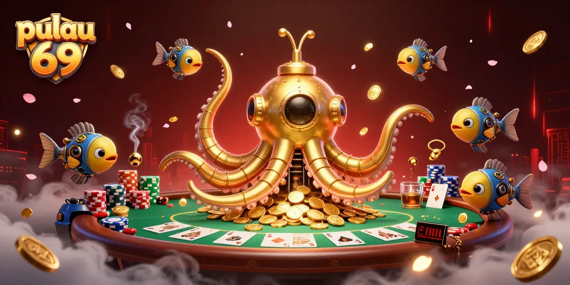 Pulau 69 showcases a golden kraken submarine amidst gold coins and poker elements.