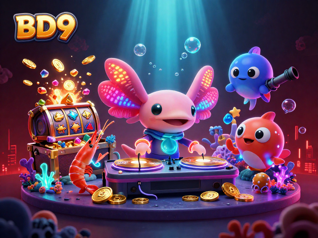 Experience the vibrant world of BD9 with a neon axolotl DJ and immersive gaming elements.