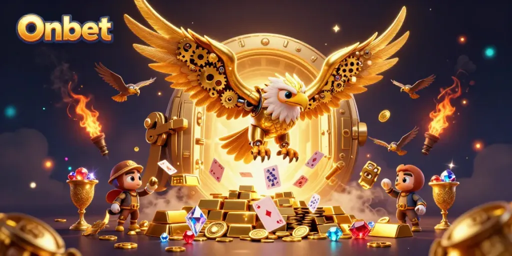 Onbet presents a triumphant 3D golden eagle soaring through holographic cards towards treasure-filled adventures.