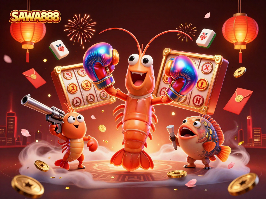 Engage in the fun of slots with SAWA888, featuring dynamic gaming action and vibrant characters.