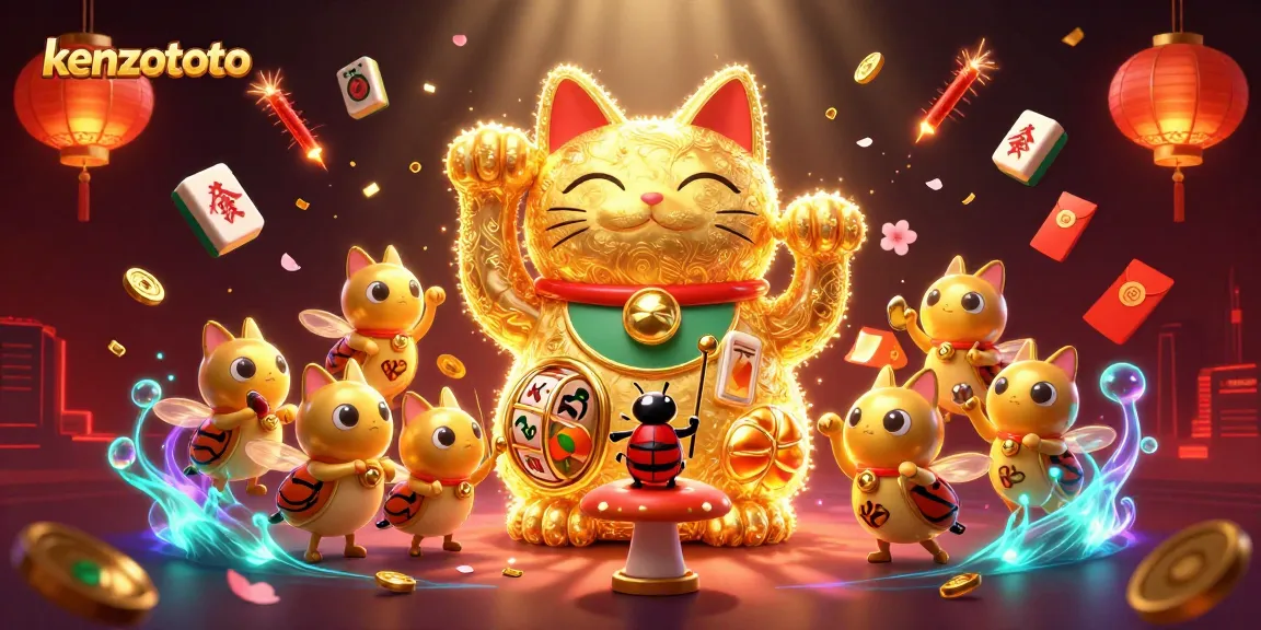 Kenzototo promotes a lively casino scene with a waving lucky cat and vibrant game symbols.