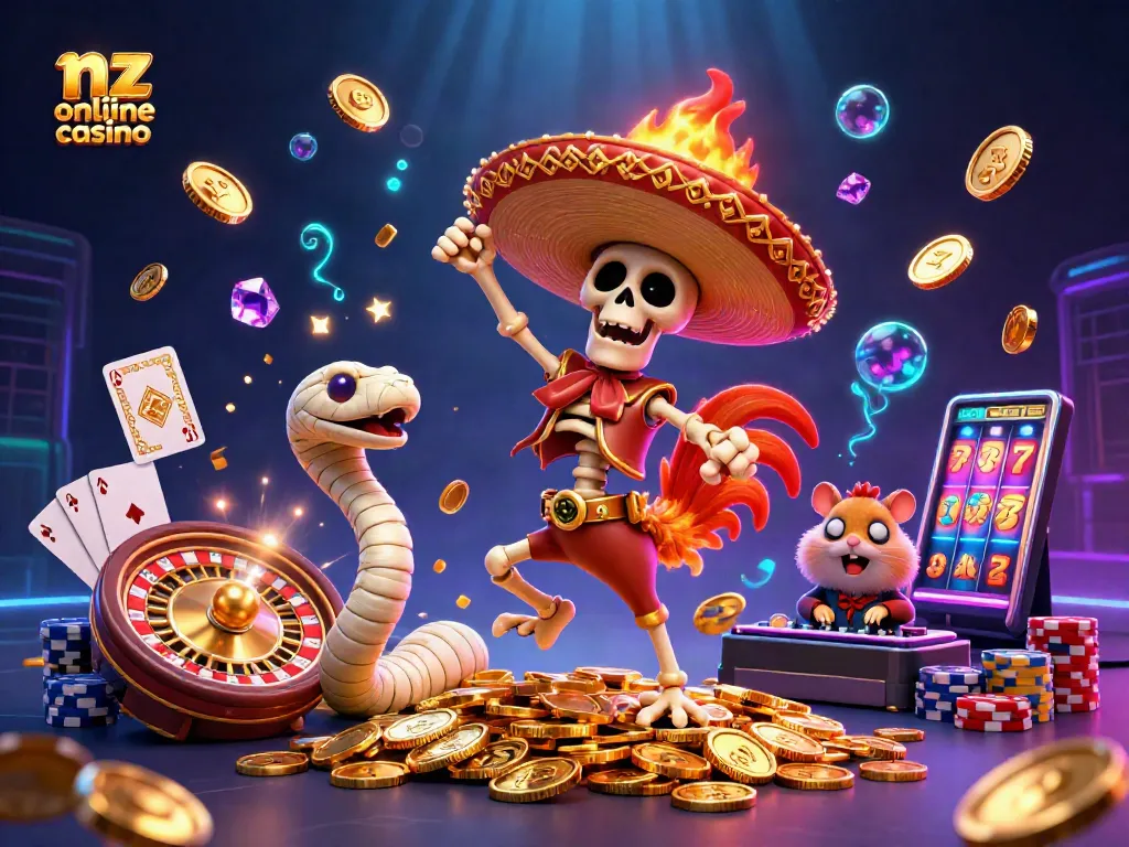 The vibrant energy of nz online casino comes alive with a cartoon rooster dancing on gold coins alongside a mummy snake and a DJ hamster.