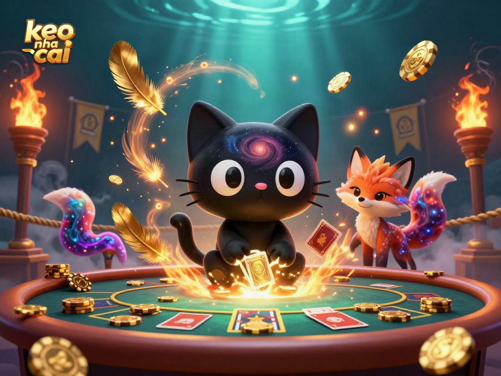 Engage with keo nha cai in this vibrant cosmic casino scene featuring a black hole cat and nebula fox.