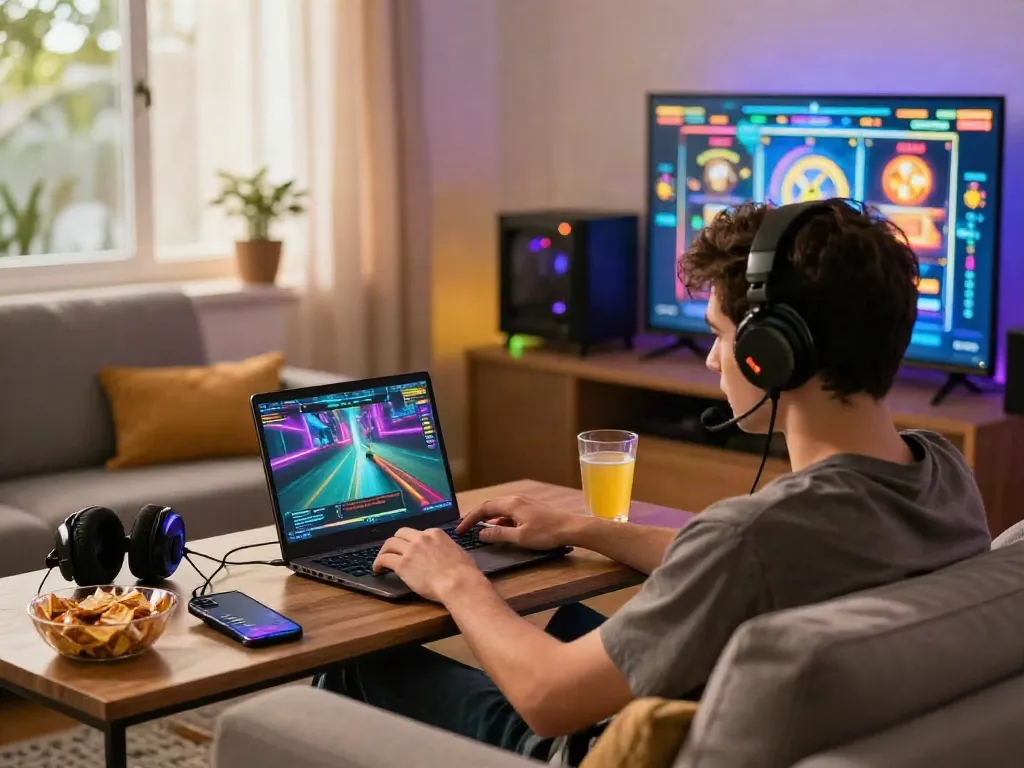 Player enjoying luxury12 gaming on laptop in cozy setting with exciting slot graphics.