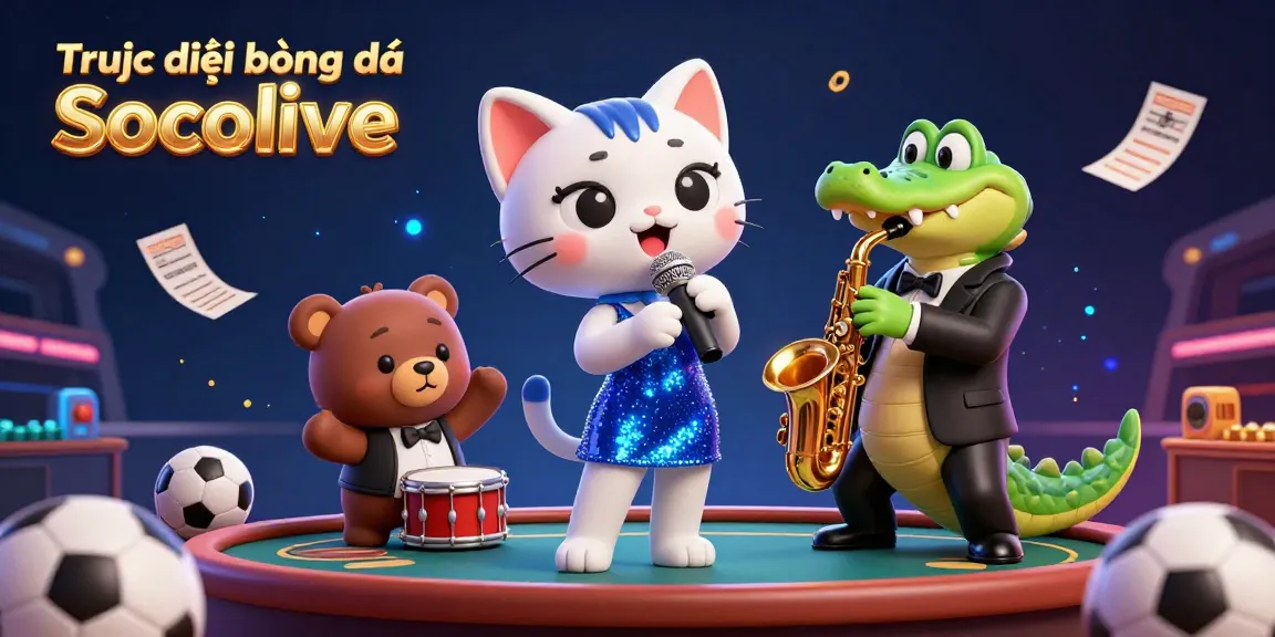 Experience Trực tiếp bóng đá Socolive with vibrant sports-themed 3D illustration filled with characters and dynamic betting elements.
