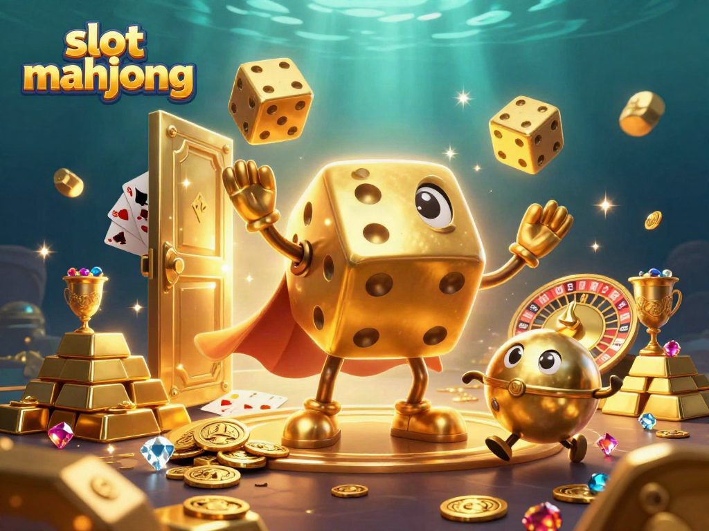 Spin the reels of slot mahjong in a dynamic 3D casino illustration with gold coins and jewels.
