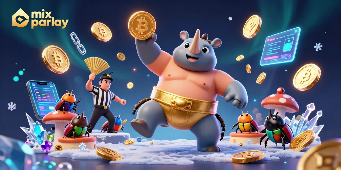 Menghadirkan mix parlay dalam ilustrasi 3D yang menampilkan juara beetle sumo yang melemparkan koin ke udara