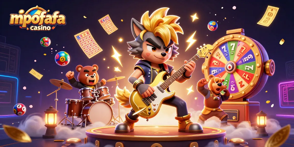 Experience the thrill of mpofafa casino with 3D characters enjoying slots and lottery excitement.