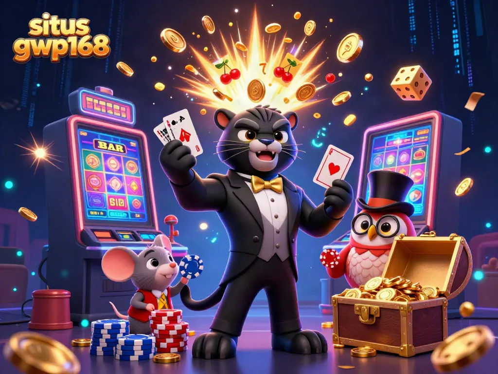 Taruhan menarik di situs gwp168, dengan karakter 3D menang kartu dan mesin slot meledak koin.
