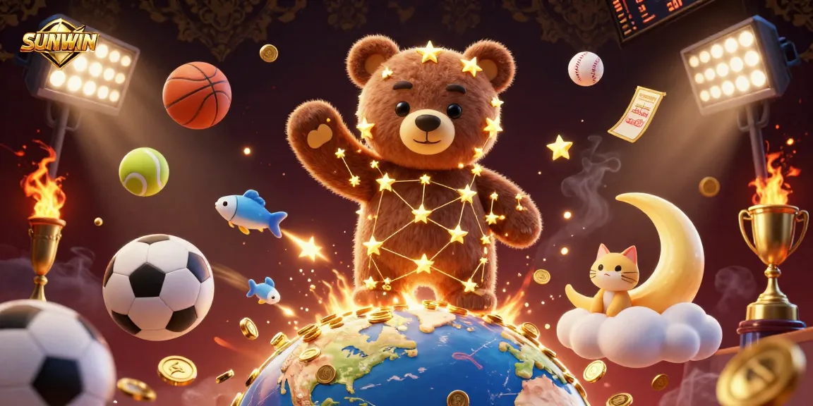 SUNWIN promotes thrilling sports betting with stellar characters scooping coins in a captivating 3D scene.