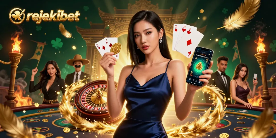 Engage with rejekibet showcasing a confident woman revealing vibrant casino gameplay with coins and cards.