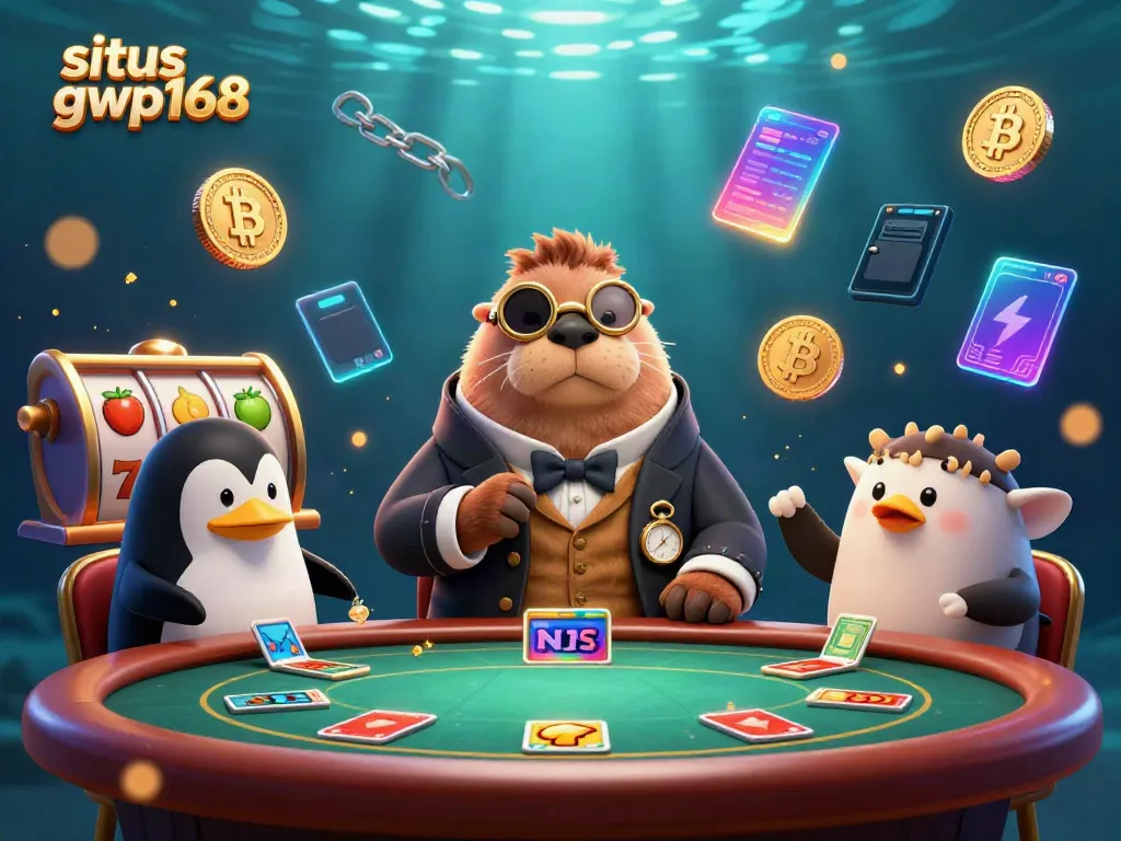 Menghadirkan situs gwp168, walrus jolly berpakaian pria Victoria bermain poker di bawah laut, dikelilingi simbol slot.