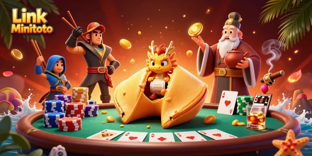 Mencoba keberuntungan di Link Minitoto dengan ilustrasi kasino yang penuh warna dan detail 3D.