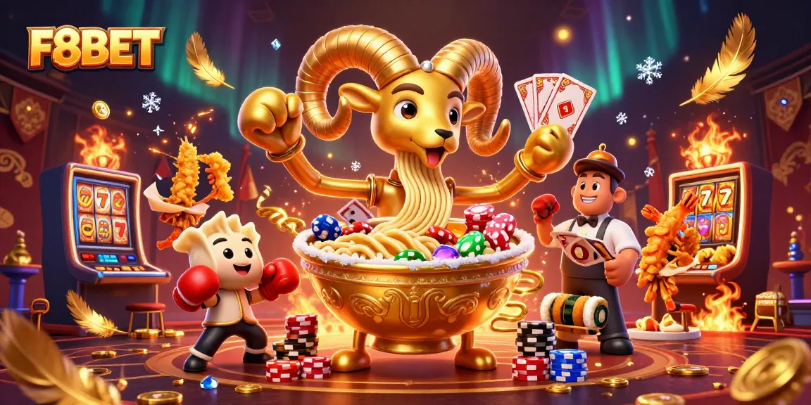 Engage with F8BET's lively casino scene featuring a giant ramen bowl dealer amidst slot machines.