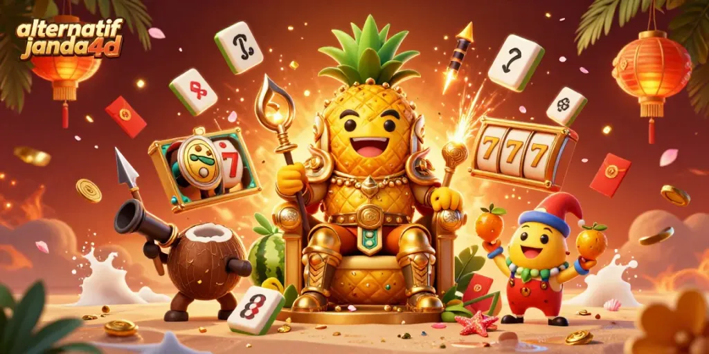 Menghadirkan alternatif janda4d dengan raja nanas emas dan elemen slot yang berwarna-warni dalam ilustrasi 3D.