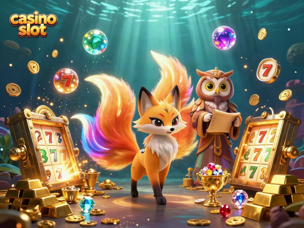 Cascading casino slot treasures from a mystical nine-tailed fox spirit with radiant orbs and a wise owl sage.