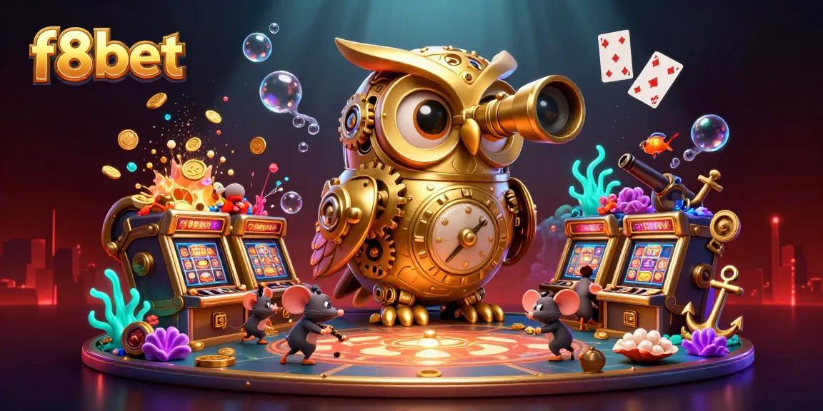 Experience the exciting world of f8bet with a golden owl surveying the vibrant casino scene, rich with treasures.