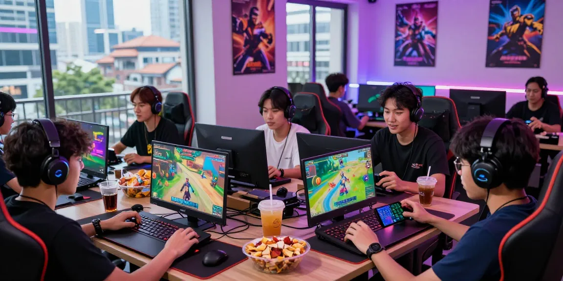 Engaged players enjoying gamebaidoithuong in a lively gaming space with colorful visuals and snacks.