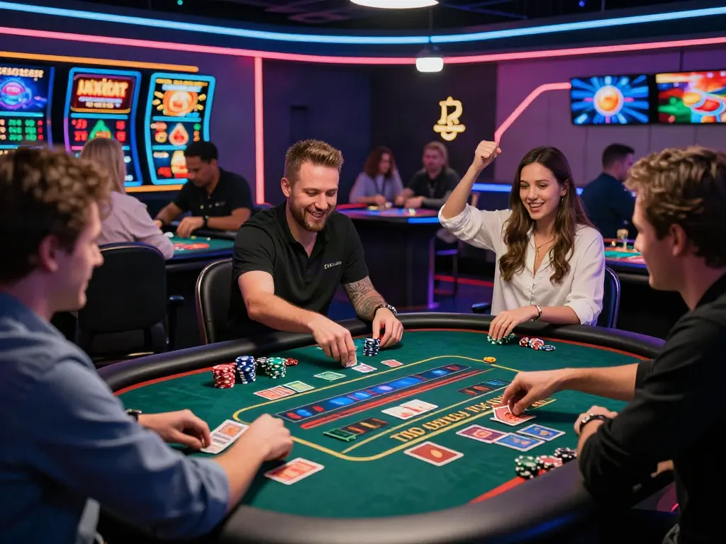A vibrant akunjp online gambling scene with players at gaming tables celebrating wins in a modern casino.