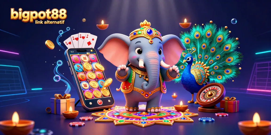 Engage with bigpot88 link alternatif featuring a vibrant casino scene with an elephant, peacock, and gaming action.