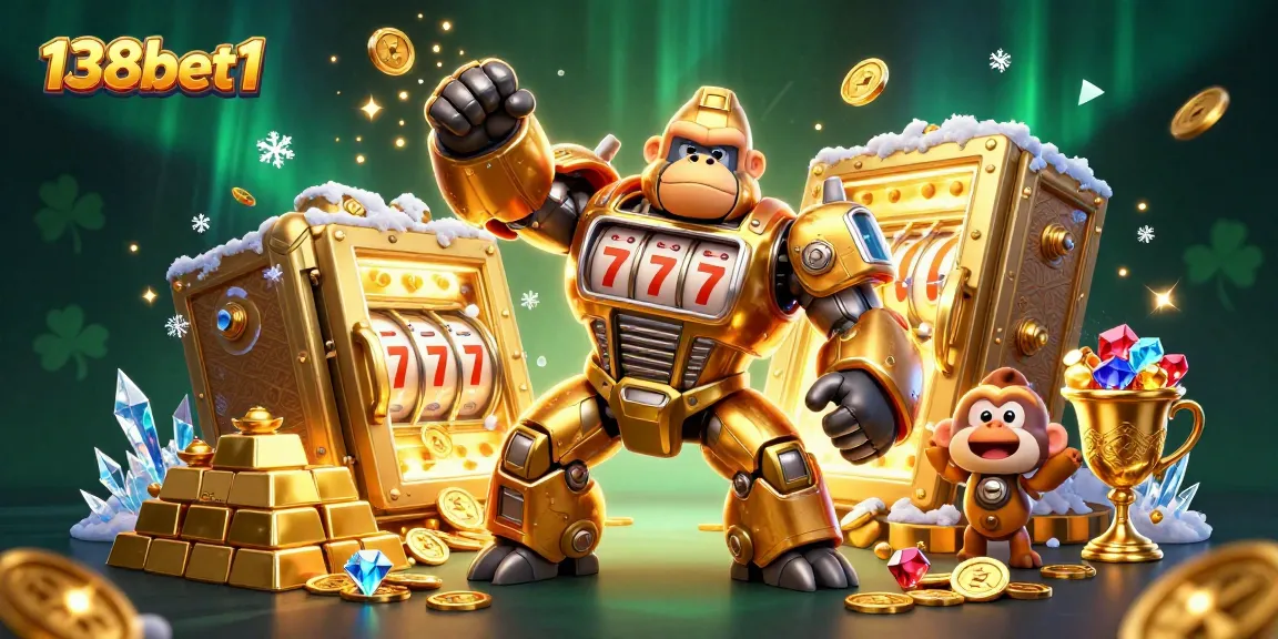 Experience thrilling wins with 138bet1 in this vibrant 3D gaming scene featuring slots and treasures.
