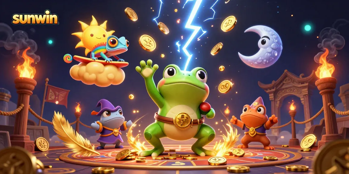 Experience winning spins with Sunwin's enchanting 3D illustration of a storm of golden coins and vibrant characters.