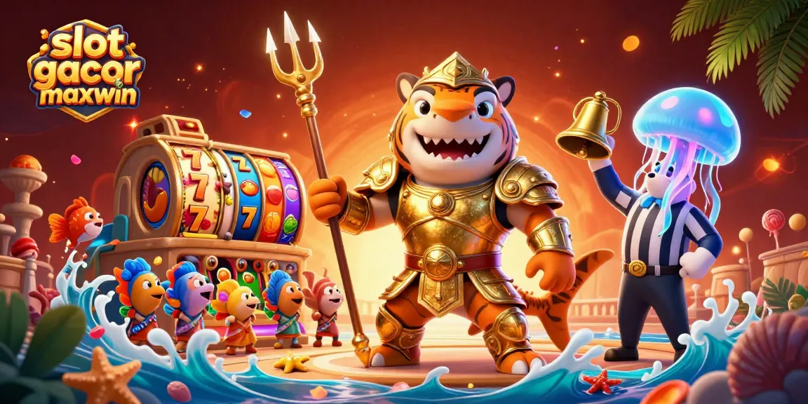 Experience the thrill of slot gacor maxwin with a dynamic underwater scene of a tiger shark gladiator amid vibrant casino elements.