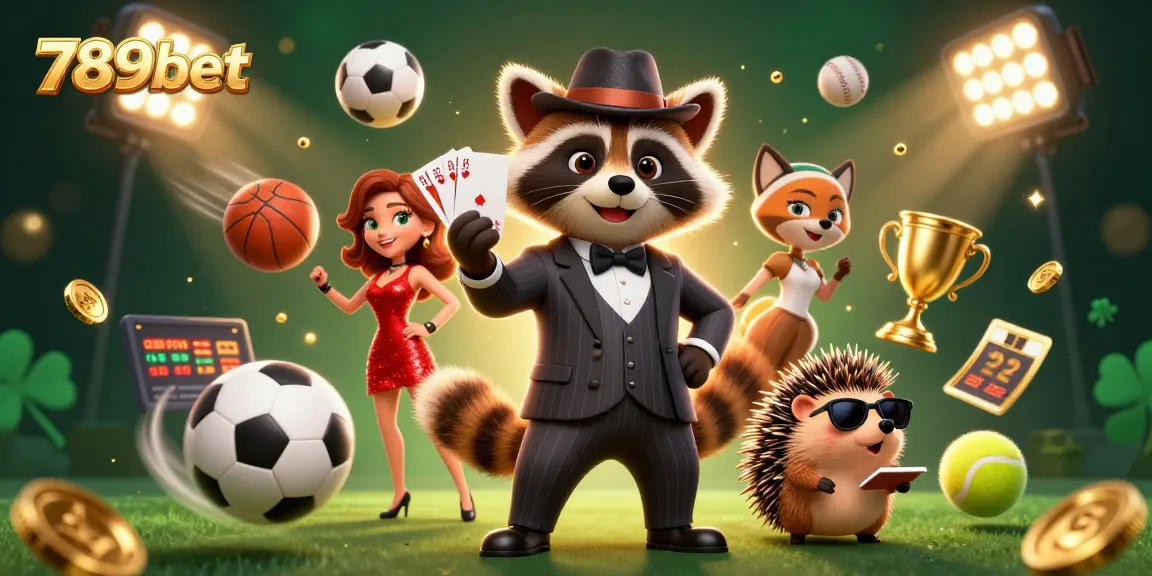 Experience winning moments with 789bet's luxurious casino scene showcasing a raccoon, fox, and hedgehog characters.