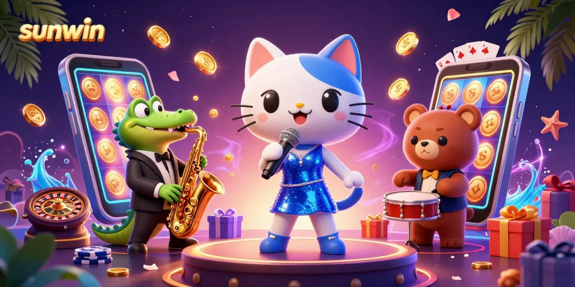 Experience fun with Sunwin where a jazz-singer cat, saxophone crocodile, and drum bear entertain in a vibrant casino scene.