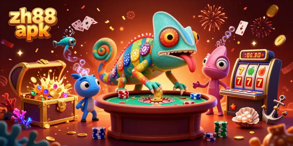 Engage with zh88 apk's exciting casino environment featuring a colorful chameleon and vibrant gaming elements.