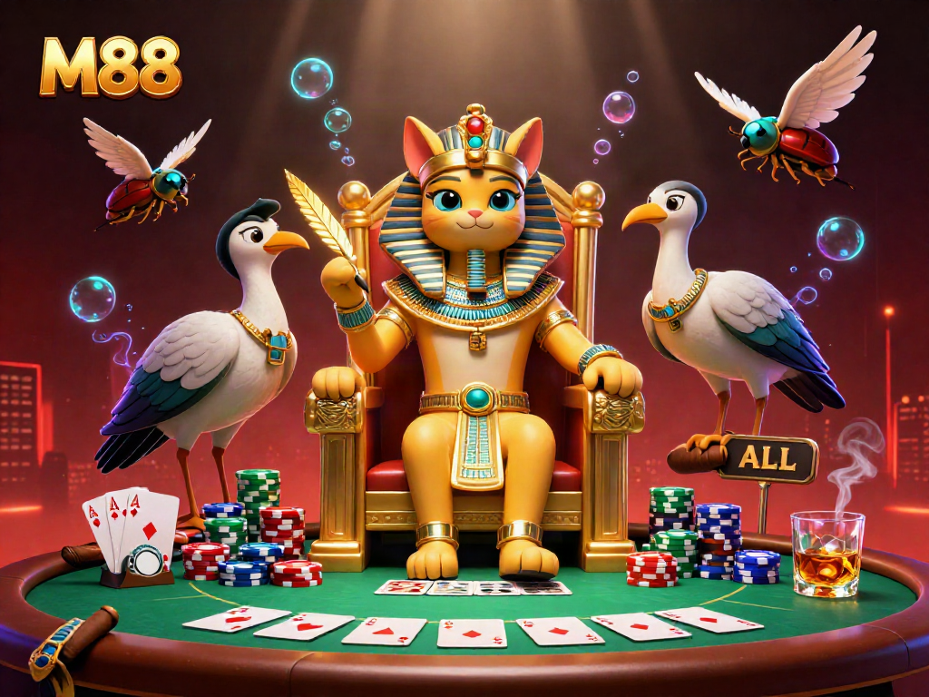 Experience M88's vibrant casino world with a pharaoh cat at the poker table, rich in color and detail.