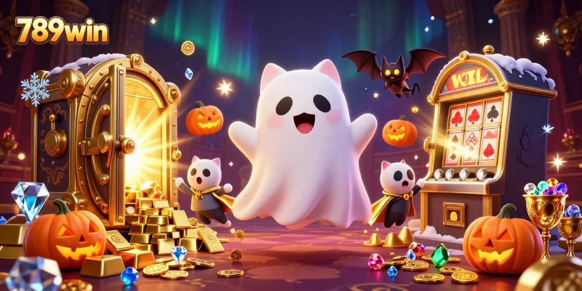 Experience thrilling gameplay with 789win in a haunted casino scene filled with vibrant characters.