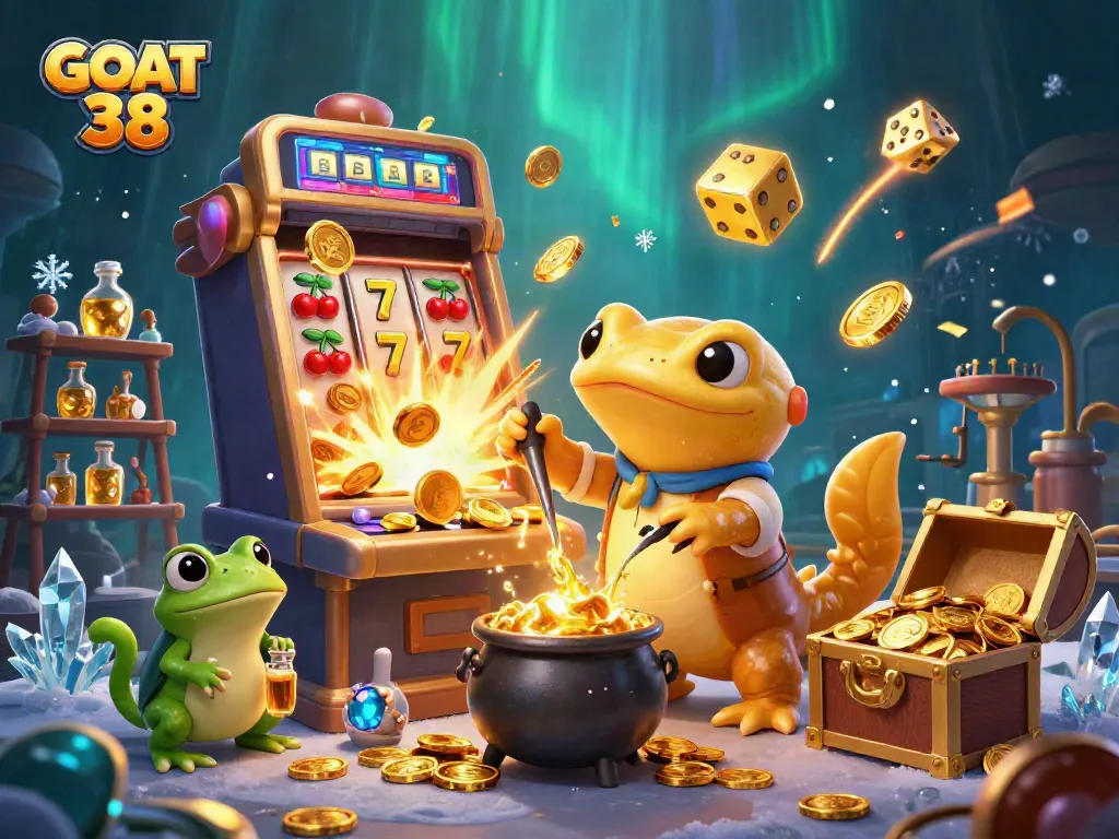 GOAT 38 showcases thrilling gold-themed slot action with a magical alchemist's casino scene.