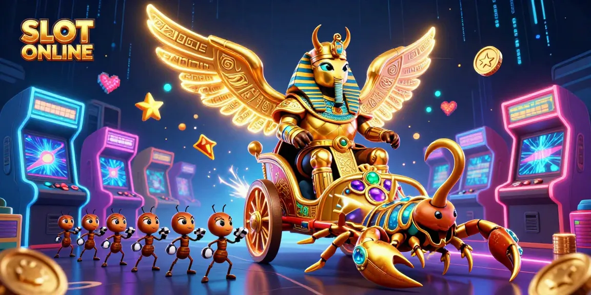 Permainan SLOT ONLINE menampilkan scarab emas yang megah dan simbol game menarik di sekitar.