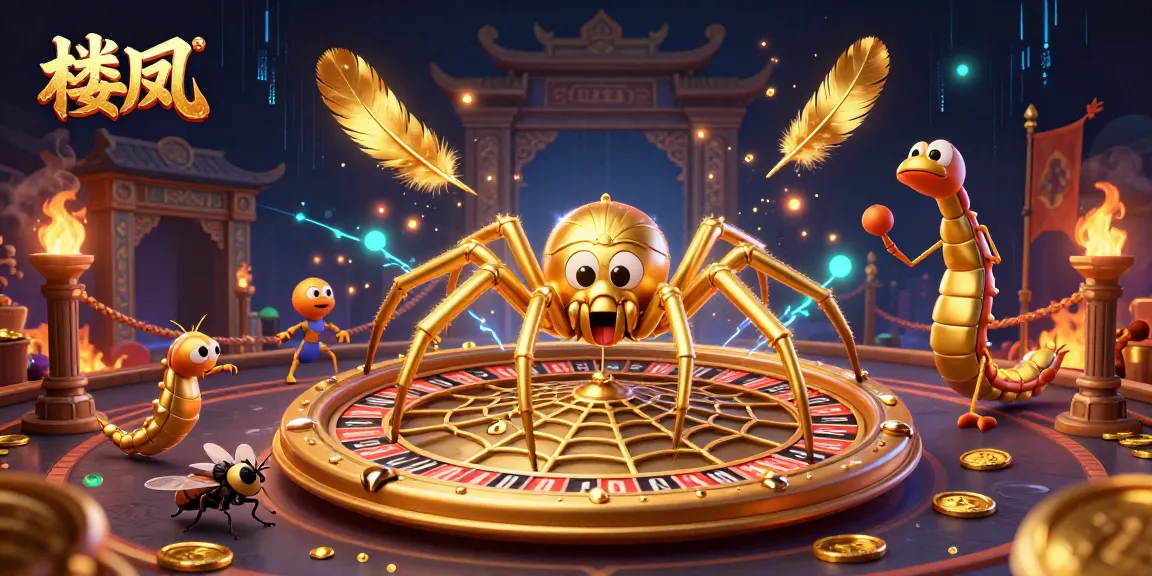 Engage in 楼凤 betting with dynamic casino elements featuring a golden spider spinning a roulette wheel web.