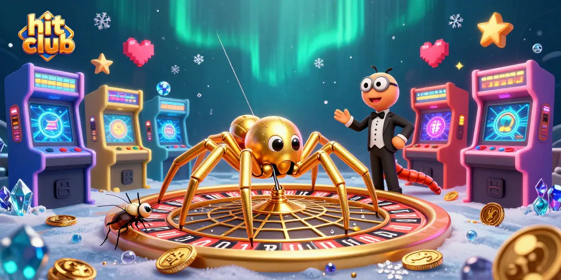 Experience the thrill of the hit club casino with a fly placing bets on a roulette-shaped web.