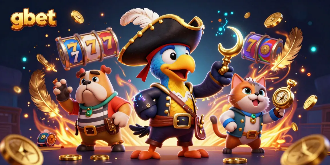 Passionate gamblers spin reels at gbet, illustrated by a pirate captain, bulldog mate, and cat navigator.