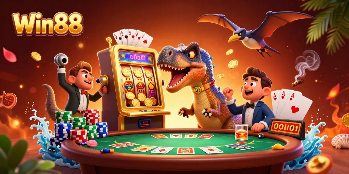 Win88 illustration with a pachycephalosaurus headbutting a slot machine for a jackpot payout.