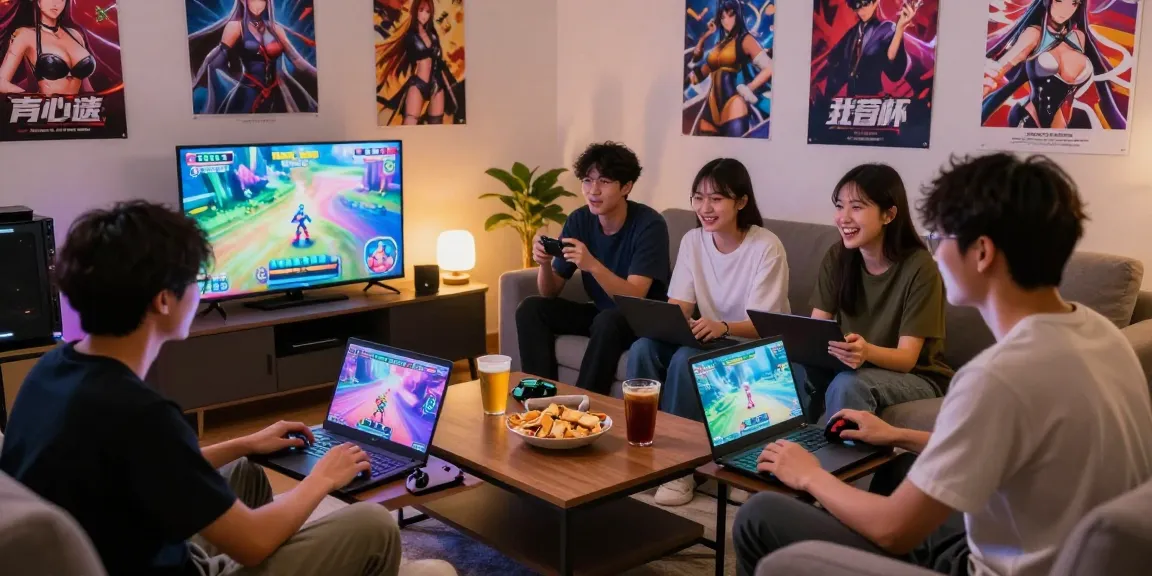 Group enjoying hentai games together in a lively living room setting