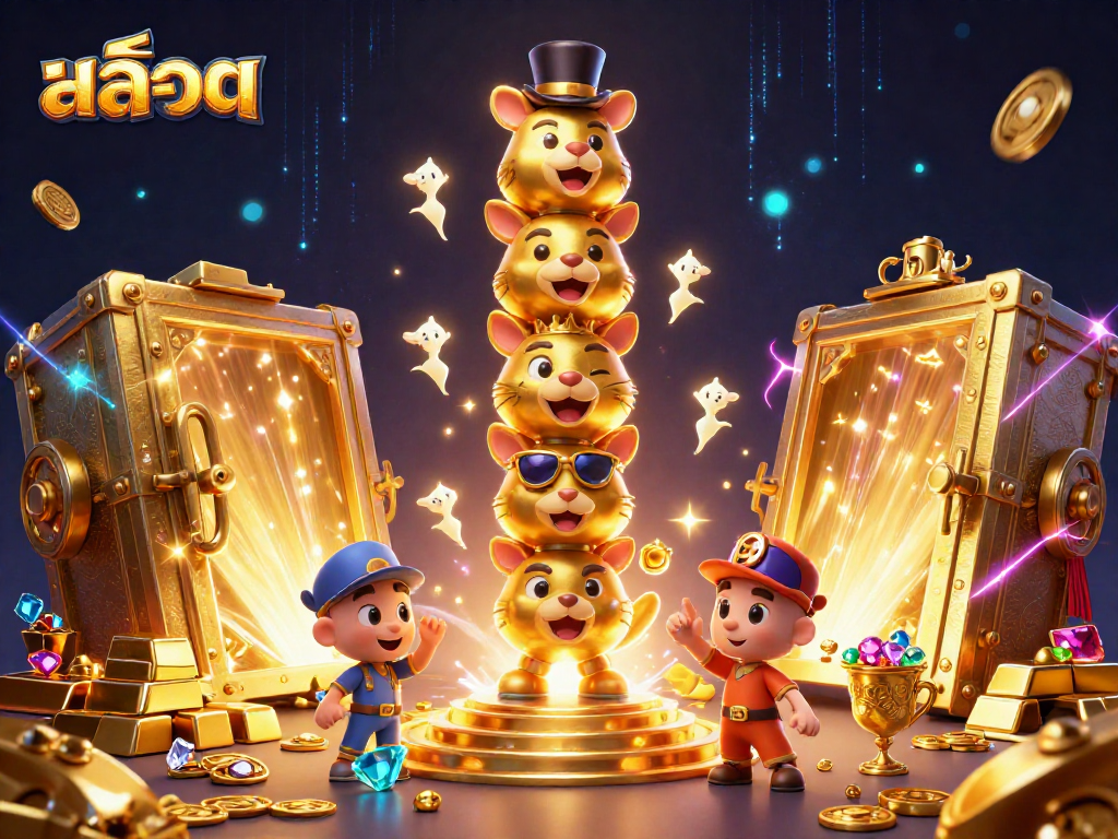 Spin สล็อต reels with a vibrant 3D golden totem and sparkling treasure in a dazzling casino scene.
