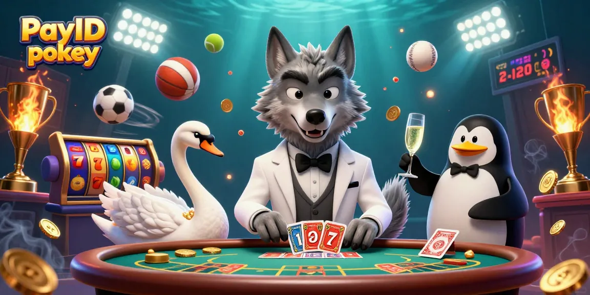 Enjoy PayID pokies experience with a debonair wolf, swan dealer, and penguin sommelier in a rich casino scene.