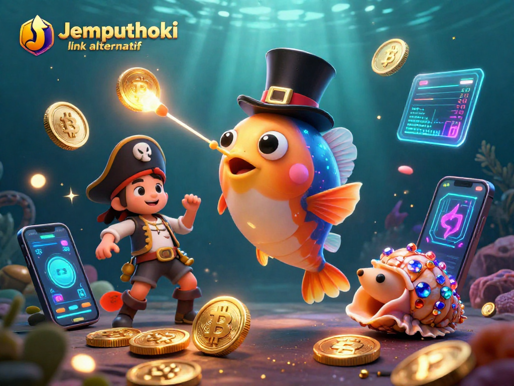 Engage with Jemputhoki link alternatif through a vibrant underwater casino scene featuring animated characters and crypto elements.