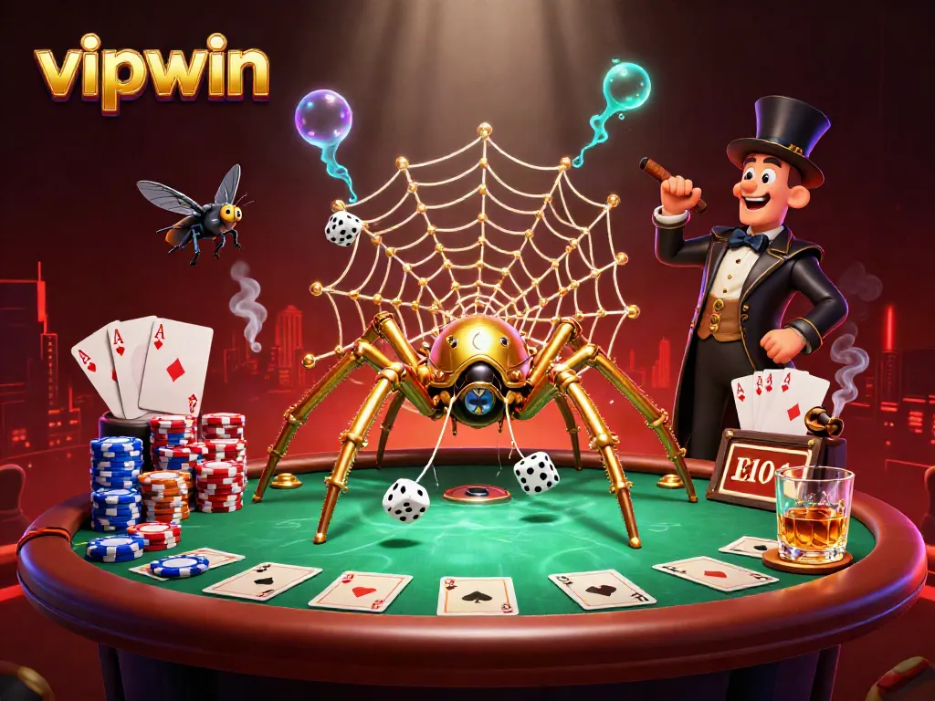 Engage with vipwin illustration highlighting poker dynamics with golden spider and Victorian fly