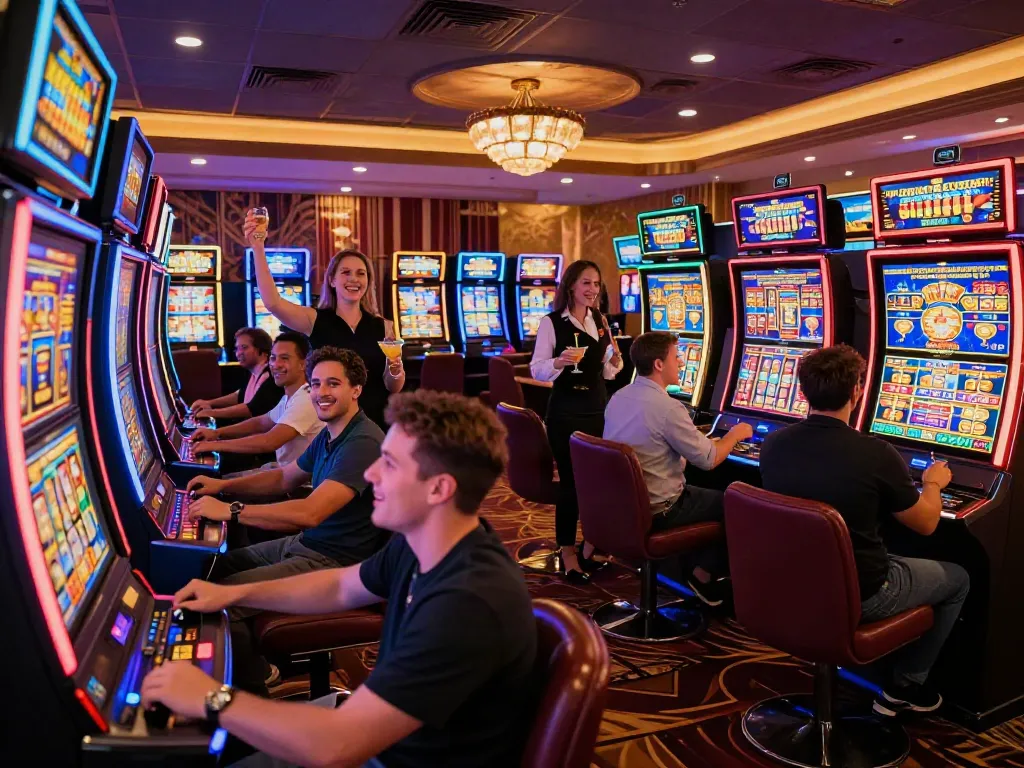 Engaged players enjoying slot online games in a lively casino atmosphere.