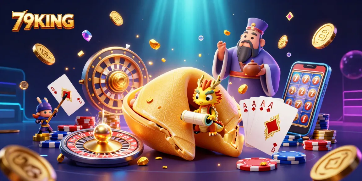 Win big with 79KING at the exciting casino illustration featuring lucky symbols and magical creatures.